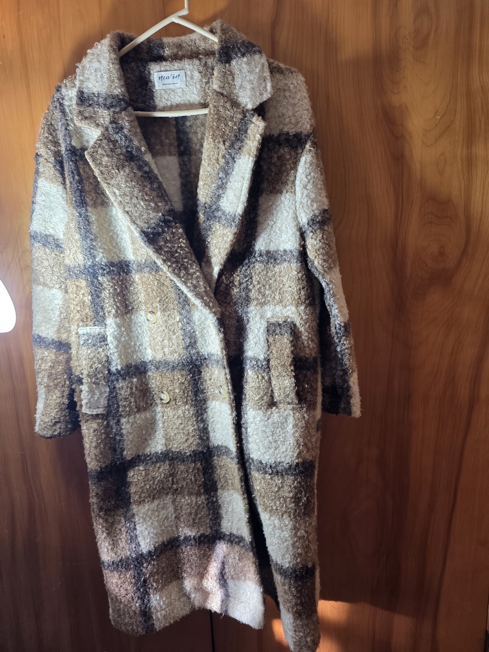 Plaid Bouclé Long Jacket in Brown & Cream